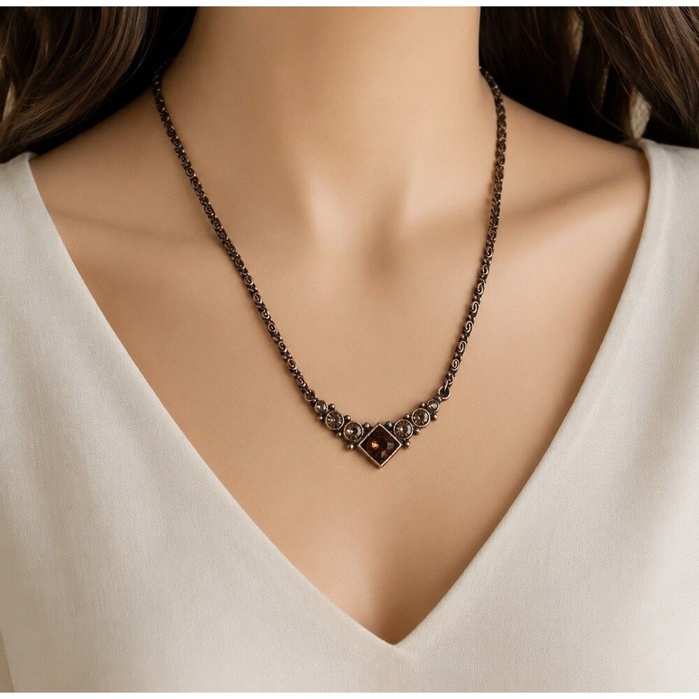 Signed 1928 Gold Tone Amber Rhinestone Necklace Art Deco Vintage Style Crystal